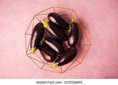 Closeup Of Eggplants In An Iron  Bowl