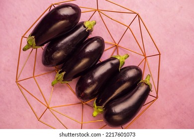 Closeup Of Eggplants In An Iron  Bowl