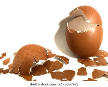 A close-up of an eggshell breaking into pieces. Broken eggshells isolated on white background. Pile group of broken eggshells 