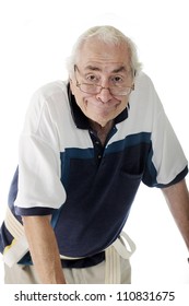 Closeup Of An Elderly Man With A Humorous Expression.  He's Hunched Forward While Walking With A Walker (not Visible) And Wearing A Gait Belt.  On A White Background.