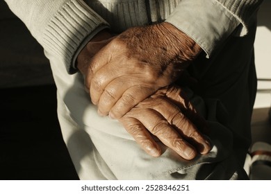 Close-up of an elderly man's hands gently crossed, showing the wrinkles and texture of aged skin. The image conveys a sense of wisdom, experience, and calm reflection. Ideal for themes of aging. - Powered by Shutterstock