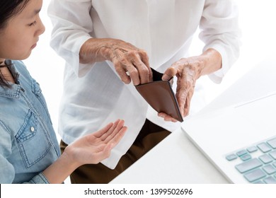 Closeup Elderly Woman Hands Open Wallet,grandmother Or Guardian Giving Pocket Money To Granddaughter,asian Little Girl Demanding Money,parent Pulls Out Money From Wallet To Give Her