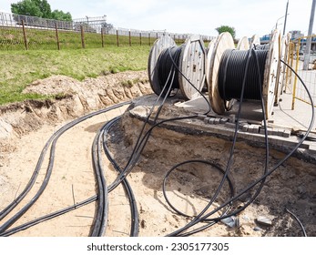 Close-up of electric cables on the ground in a construction site