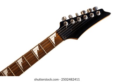 Close-up of electric guitar steel strings and fretboard made of rosewood rest on a plush guard, isolated on white background - Powered by Shutterstock