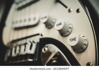 Close-up of electric guitar tone knobs with shallow depth of field