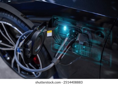 Close-up of an electric vehicle charging, showing a futuristic digital interface with energy flow and charging status.