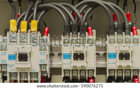 closeup electrical wiring fuses contactors control stock photo (editclose up electrical wiring with fuses and contactors, control box of machine