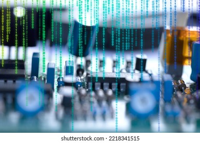 Close-up electronic circuit board with binary code. Defocused background with copy space. Computer technologies and details. Technique, technology, electronics, device.