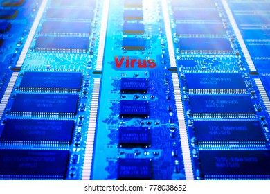 Closeup of an electronic circuit board with a processor. The inscription is an computer virus. Blue toning.