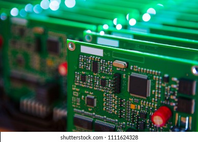Closeup of Lot of Electronic Printed Circuit Boards with Lots of Surface Mounted Components.Horizontal Image Orientation