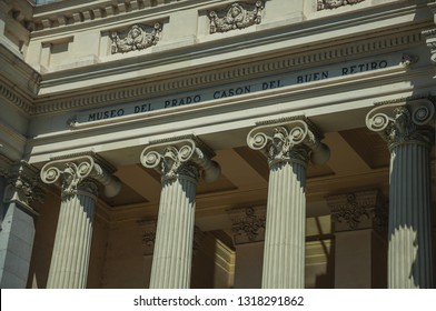 Close-up Of Elegant Columns With Ionic Capitals On The West Facade Of Casón Del Buen Retiro, In A Sunny Day At Madrid. Capital Of Spain This Charming Metropolis Has Vibrant And Intense Cultural Life.