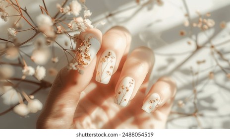 Closeup of Elegant Nail Art with Gold Delicate Flowers suitable for business background, posters, wallpapers, banners, greeting cards, and advertising for business entities or brands. 