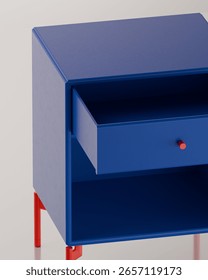 A close-up, elevated view of a bright blue bedside table, highlighting the open drawer with its small red knob and the clean lines of the design.