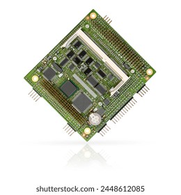 Close-up of an embedded PC104+ CPU module with integrated chips and connectors, isolated on a white background.