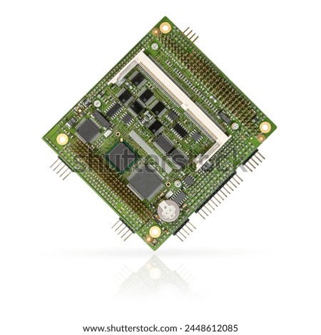 Close-up of an embedded PC104+ CPU module with integrated chips and connectors, isolated on a white background.