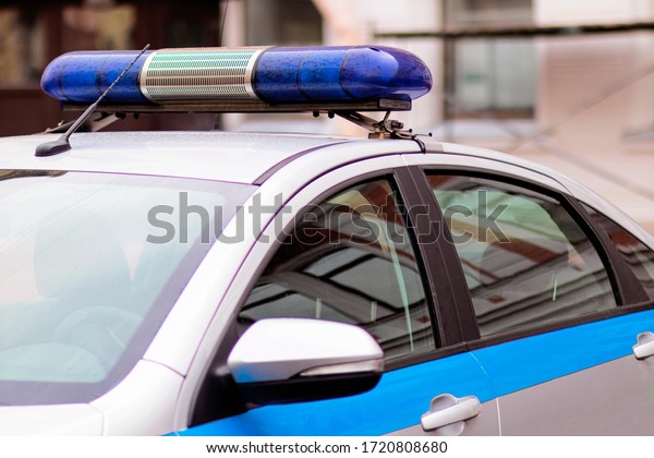 Close-up of emergency lights, police car. Russian\
police car