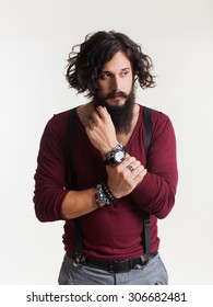 Close-up Emotional And People Concept:young Stylish Bearded Man With Good Idea Sign.Hipster Style.wearing Watch On His Hands,barber Shop,bearded Man,hipster Man,swagger,coat