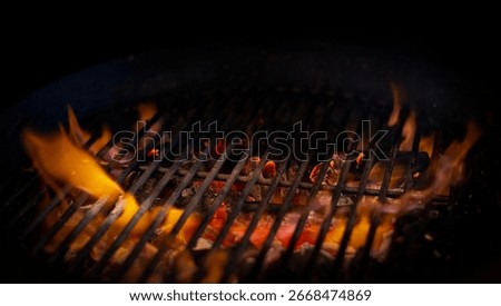 Closeup empty grids on grilled hot stove, surrounded by orange flame and charcoal. Isolated BBQ scene with clean grid, burning heat, and empty space—pure steakhouse fire and roast energy.
