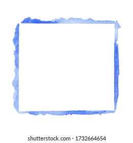 closeup of empty painted blue square watercolor frame design element isolated on white background