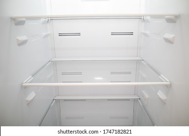 Close-up Of Empty Refrigerator Inside. Empty Fridge Shelves.