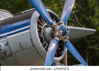 close-up of the engine compartment and the old propeller of a vintage airplane on a Sunny day on the tarmac