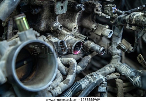 Close-up of engine failure: pink antifreeze\
flows from the engine pipes of an old\
car