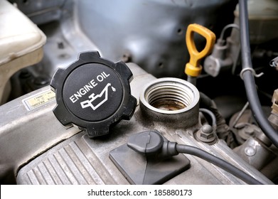 closeup engine oil cap in engine room of old car