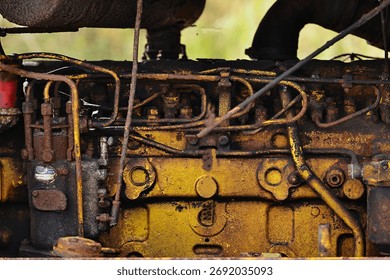 A close-up of the engine on an old crawler tractor