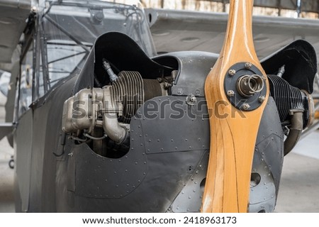 Closeup of the engine and propeller of the Aeronca L-3 single-engine observation, reconnaissance and liaison aircraft used by the United States Army Air Corps during World War II