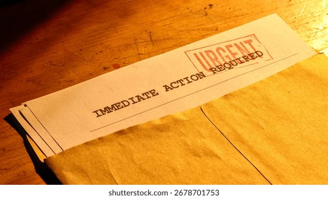 Close-up of an envelope containing documents marked IMMEDIATE ACTION REQUIRED with a red urgent stamp