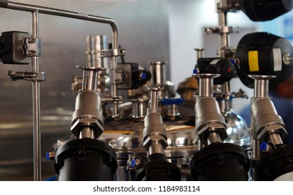 Closeup Of Equipment In Pharma Or Chemical Manufacturing Plant Or Industry                                  