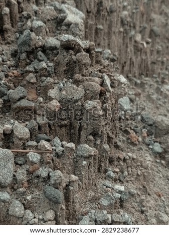 Close-up of eroded soil texture with embedded rocks and pebbles. Natural ground formation showing rough earth surface, sediment layers, and weathered dirt. Abstract natural background with gritty stone and gravel detail, perfect for geology, environment, and texture concepts