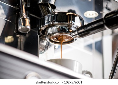 Close-up of espresso pouring from coffee machine. Professional coffee brewing - Shutterstock ID 1027576081