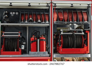 Close-up of essential firefighting equipment on a modern firetruck, showcasing tools and gear ready for emergency response to hazardous fire situations - Powered by Shutterstock