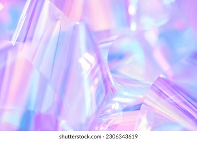 Close-up of ethereal pastel neon blue, purple, lavender, mint holographic metallic foil background. Abstract modern curved blurred surreal futuristic disco, rave, techno, festive dreamlike backdrop Stockfoto