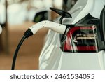 Closeup EV charger handle plugged in or connect to electric car, recharging EV car battery with alternative and sustainable energy with zero CO2 emission for clean environment. Perpetual