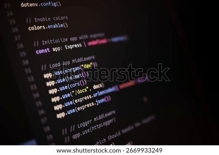 Close-up of Express.js backend setup showing middleware configuration including security, CORS, logging, and body parsing, ideal for scalable API development.