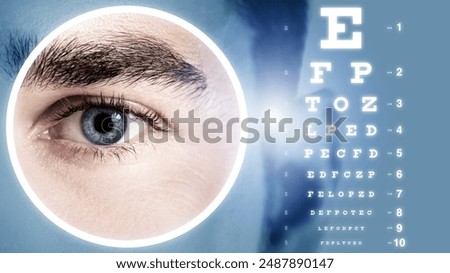 Close-up of Eye with Eye Chart in Background. Concept of vision and eye care. 