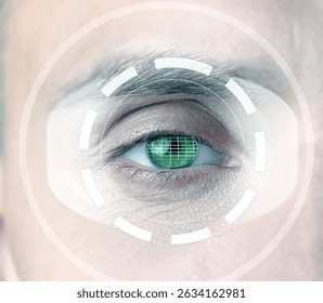 Close-up of an eye with digital scanning technology during biometric identification process - Powered by Shutterstock - Get 15% off with code: PIKWIZARD15
