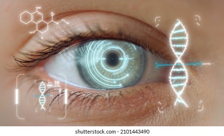 Closeup eye DNA hologram checking process device collecting biometrical data. Futuristic medical technology inspecting human biometrics analysing health level close up. Modern tech medicine concept - Powered by Shutterstock