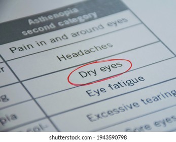 Close-up Of An Eye Exam Chart With Circled Dry Eyes Diagnosis. Selective Focus.