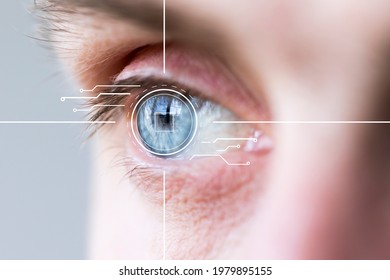 Closeup Eye Monitoring And Scanning. Biometric Scan Of Male Eye.