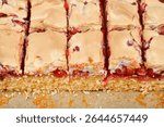 A close-up, eye-level shot reveals freshly cut squares of currant and meringue cake, showcasing its distinct layers of golden sponge cake, vibrant red fruit filling, and a baked meringue topping.