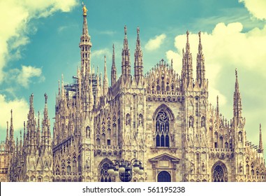 Close-up Facade View Of Duomo Di Milano (Milan Cathedral), Milan, Italy. Filtered Vintage Ink Color Style