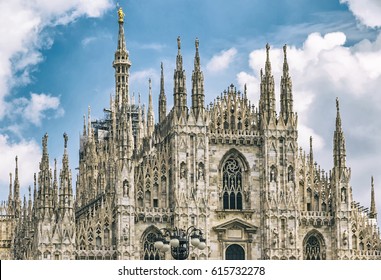 Close-up Facade View Of Duomo Di Milano (Milan Cathedral), Milan, Italy. Filtered Vintage Color Style