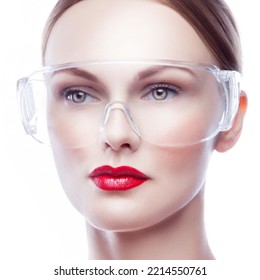 Close-up Face Of Beauty Cosmetology Doctor Woman Wearing Medical Protective Glasses, Perfect Skin, Makeup