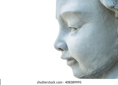 Closeup face of cement angle statue isolated on white background