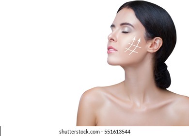 Closeup Face Lift, Gold Thread, Facial Skeleton. Close-up Portrait  Beautiful  Woman  Arrows  Face, Fresh, Healthy And Sensual Girl Over White Background. Beauty Portrait.Youth And Skin Care Concept  