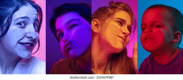 Close-up Faces Of Multiethnic Young Girls And Little Boys Crushed On Glass Isolated On Colored Background. Concept Of Human Emotions, Different Ages, Diversity. Models Leaning Against Glass