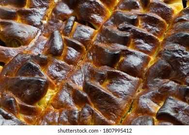 Close-up Failed Pie. Burnt On Top. Textured Burnt Pie Crust